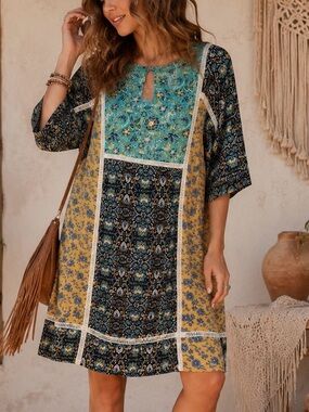 Bob Timberlake Patchwork Boho Swing Dress M Floral Paisley Rayon Travel Casual